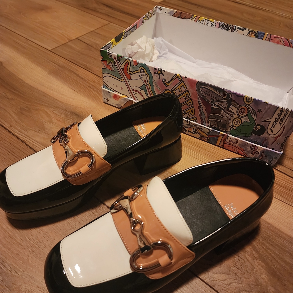 Jeffrey Campbell Black, White, Tan Student Loafers